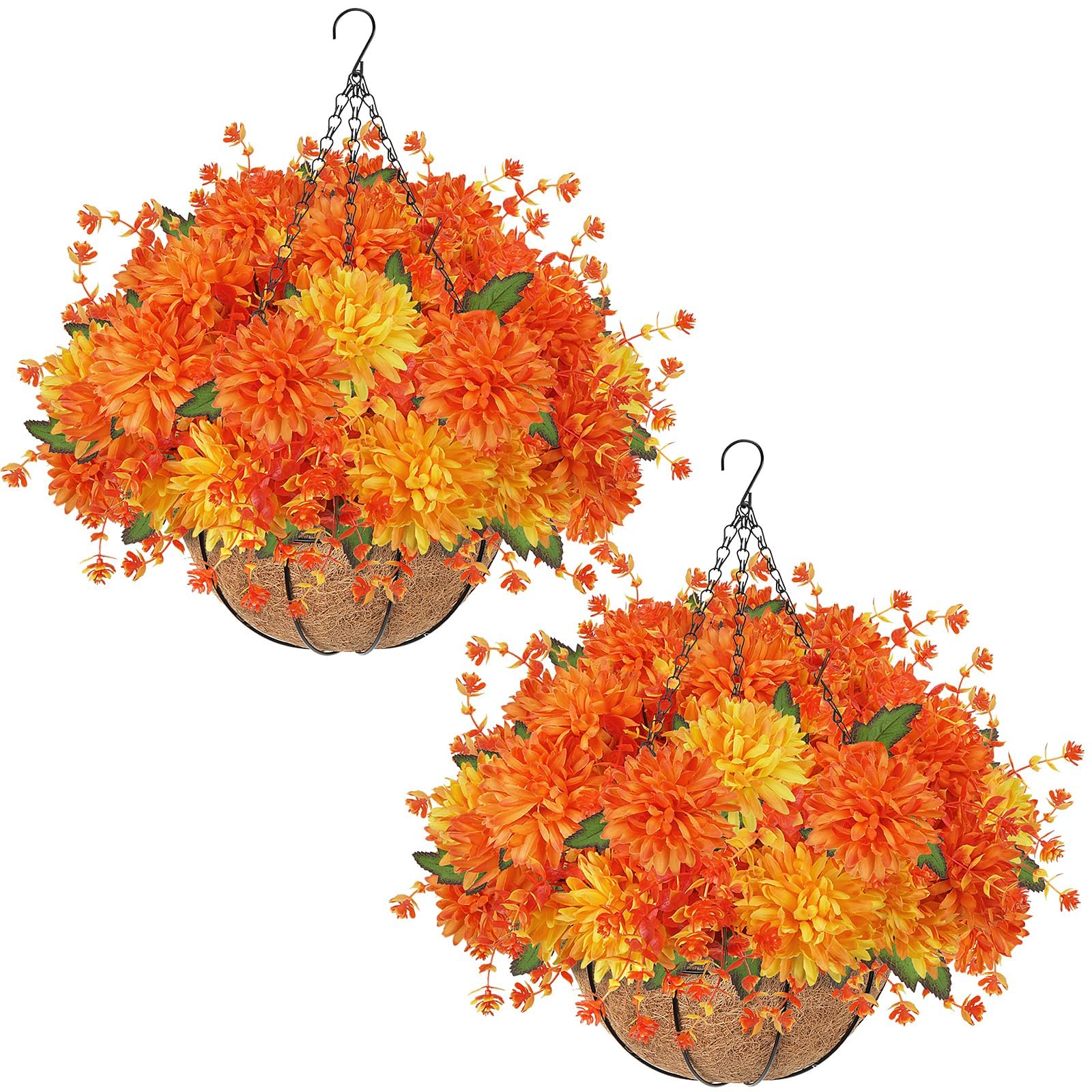 2Pcs Autumn Artificial Hanging Baskets Outdoor Artificial Flowers Autumn Decorations UV Resistant Fake Hanging Baskets Fall Faux Chrysanthemums Flowers Silk Mums Flowers for Garden Porch Home Decor