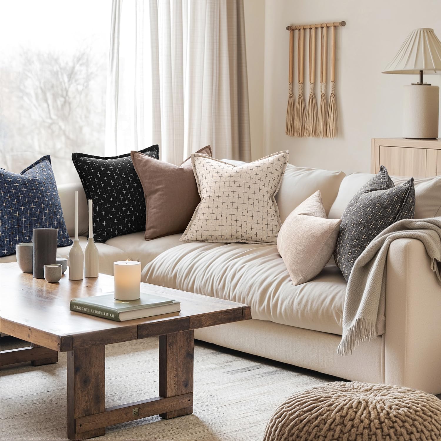 MIULEE Decorative Burlap Linen Throw Pillows Covers 24x24 Inch Black Vintage Euro Pillow Covers Outdoor Modern Farmhouse Pillowcase Woven Textured Cushion Cases for Couch Sofa Bed Livingroom