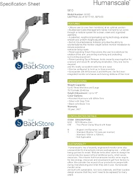 Humanscale M10 Adjustable Heavy Duty Monitor Arm with Angled/Dynamic Links - Two Piece Clamp Mount - Polished Aluminum M10CMWBTB