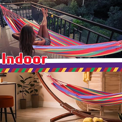 Miniatura 6 de Windyun 2 juegos de hamacas de lona de algodón, hamaca doble grande de 400 libras, hamacas portátiles para acampar para exteriores con bolsa de