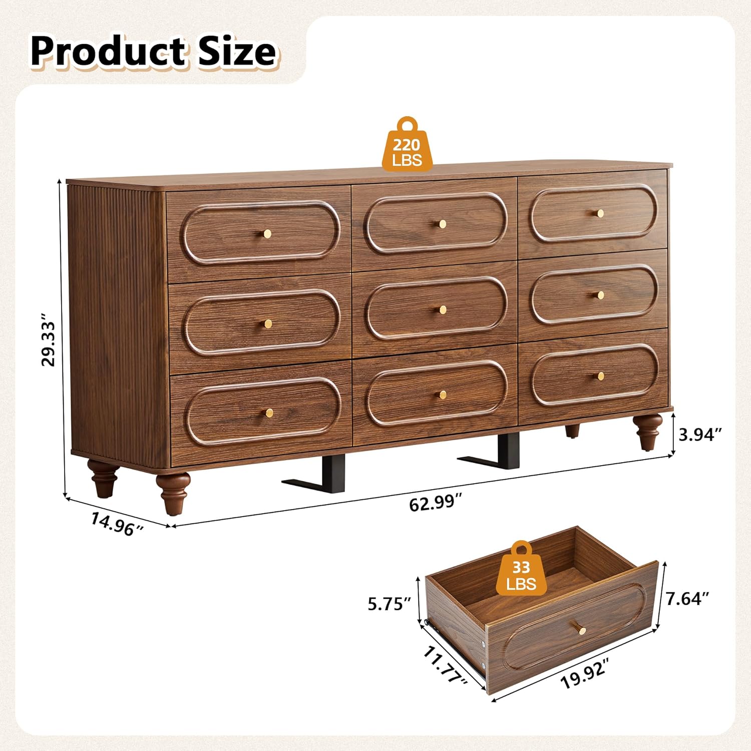 Product dimensions and weight limits for ORRD 9-Drawer Fluted Dresser