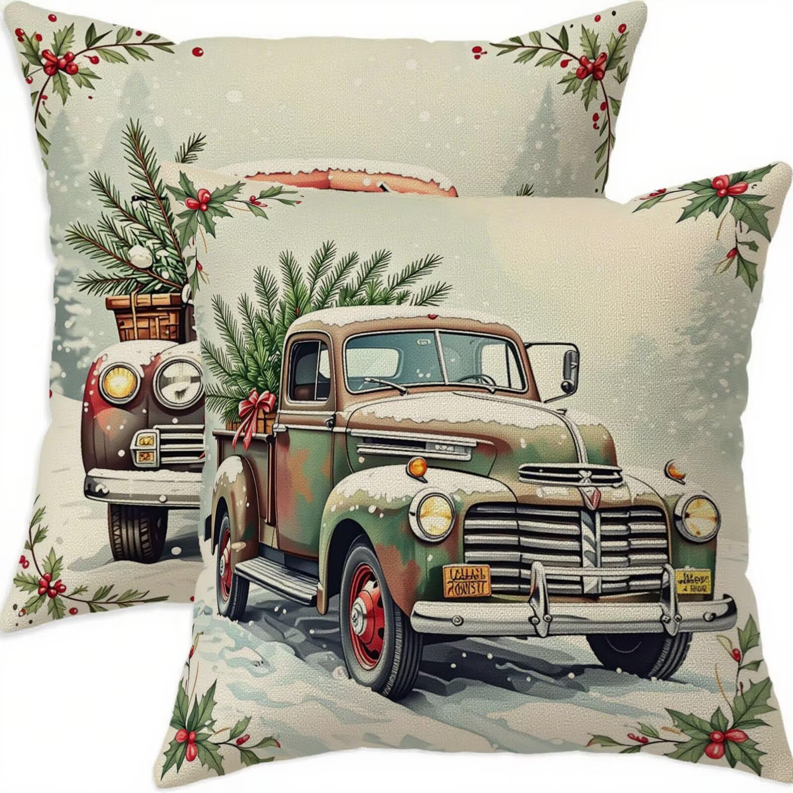 Housse coussin 70x70cm Noël en lin vert imperméable lot de 2