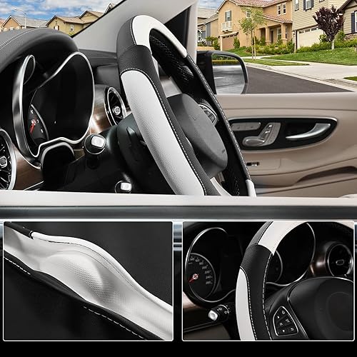 Miniatura 102 de SEG Direct Funda universal para volante de automóvil, de 15 pulgadas, piel de microfibra, color blanco y gris Negro y gris