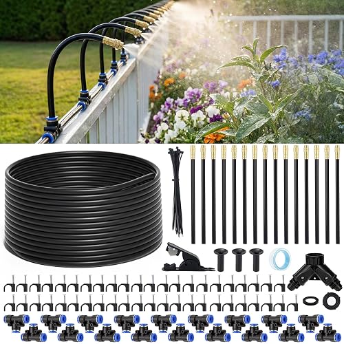 GOTGELIF 60FT Drip Irrigation Kit with 15 Adjustable Brass Nozzles and Dual Outlet Splitter for Garden GOTGELIF 60FT Drip Irrigation Kit with 15 Adjustable Brass Nozzles and Dual Outlet Splitter for Garden