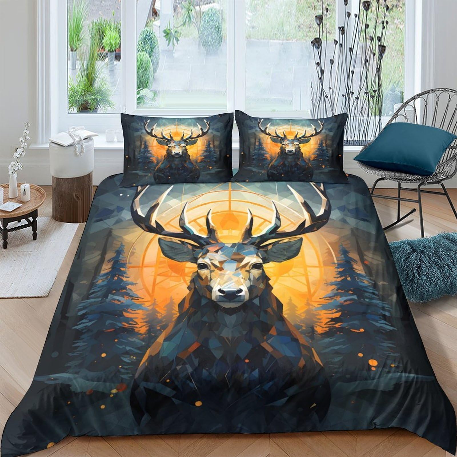 Ctjqhvkz Style-4 3D Printed Forest Elk Fitted Sheet Microfiber Soft Orange Sunset Deer Mattress Cover For Bedroom Dorm Room Decor Single（135X200cm）
