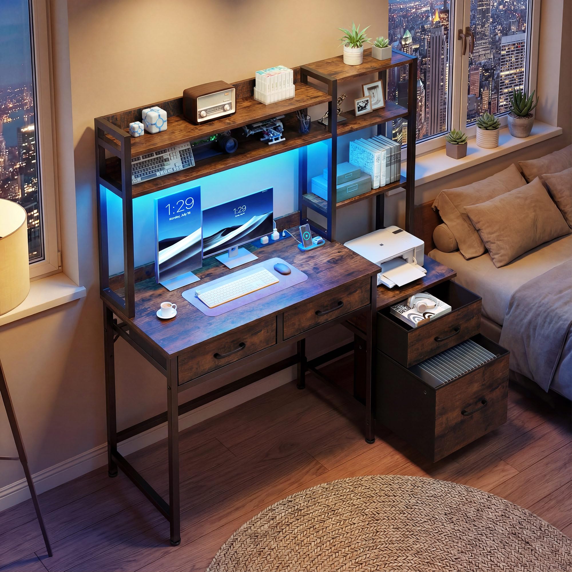 YITAHOME Computer Schreibtisch mit Schubladen, 128 x 50 x 150 cm Computertisch Aufbewahrungen & Regale, Gaming Tisch Arbeitsstationen mit LED Licht & Steckdosen, Home Office Eckschreibtisch, Braun