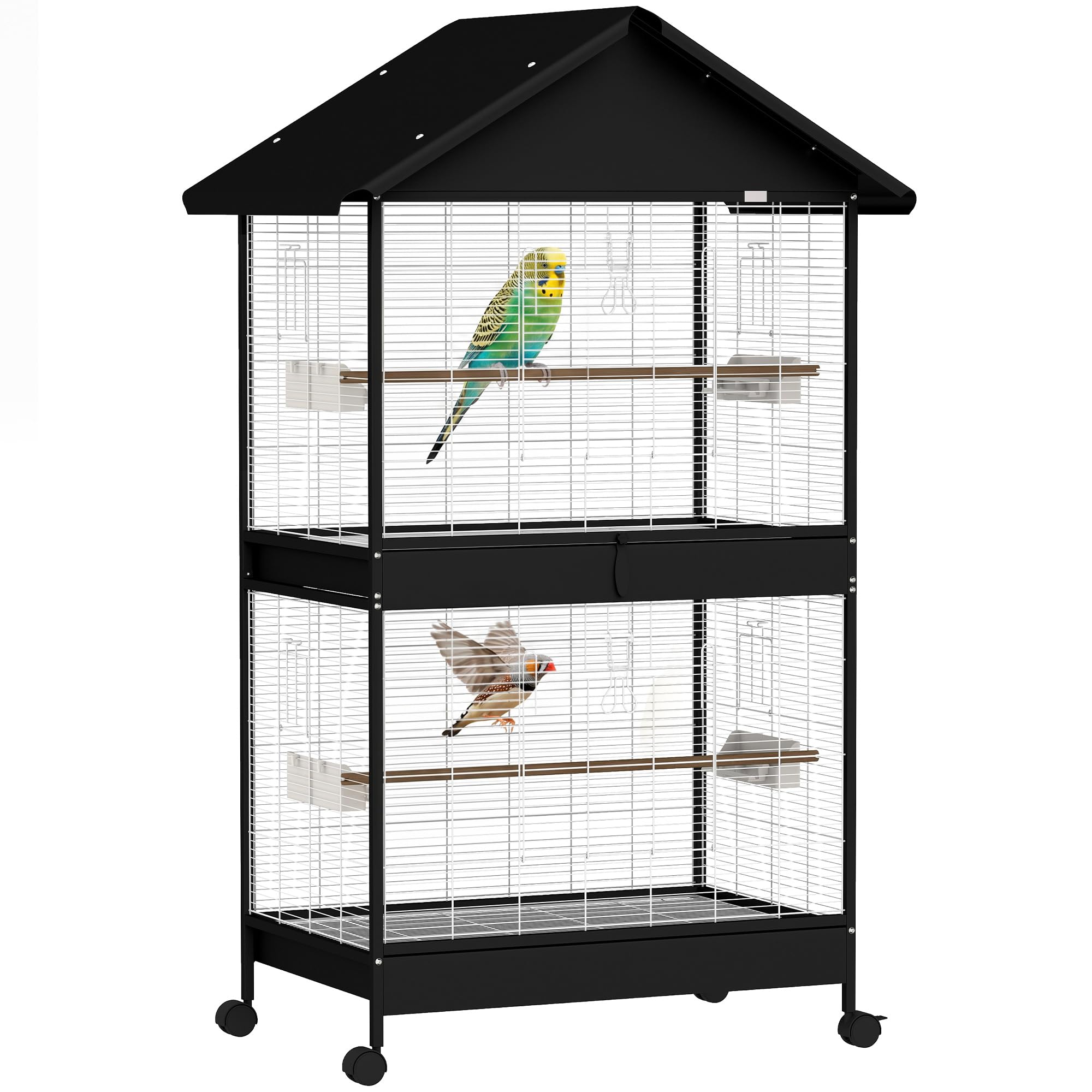 PawHut Vogelvoliere Groß Vogelkäfig mit Abnehmbar Trennwand 2 Türen 2 Holzstangen Rollen 2 Schalen 4 Futterspendern Vogelhaus XXL Vogelbauer für Wellensittiche Nymphensittiche Kanarien 94 x 70 x 158cm