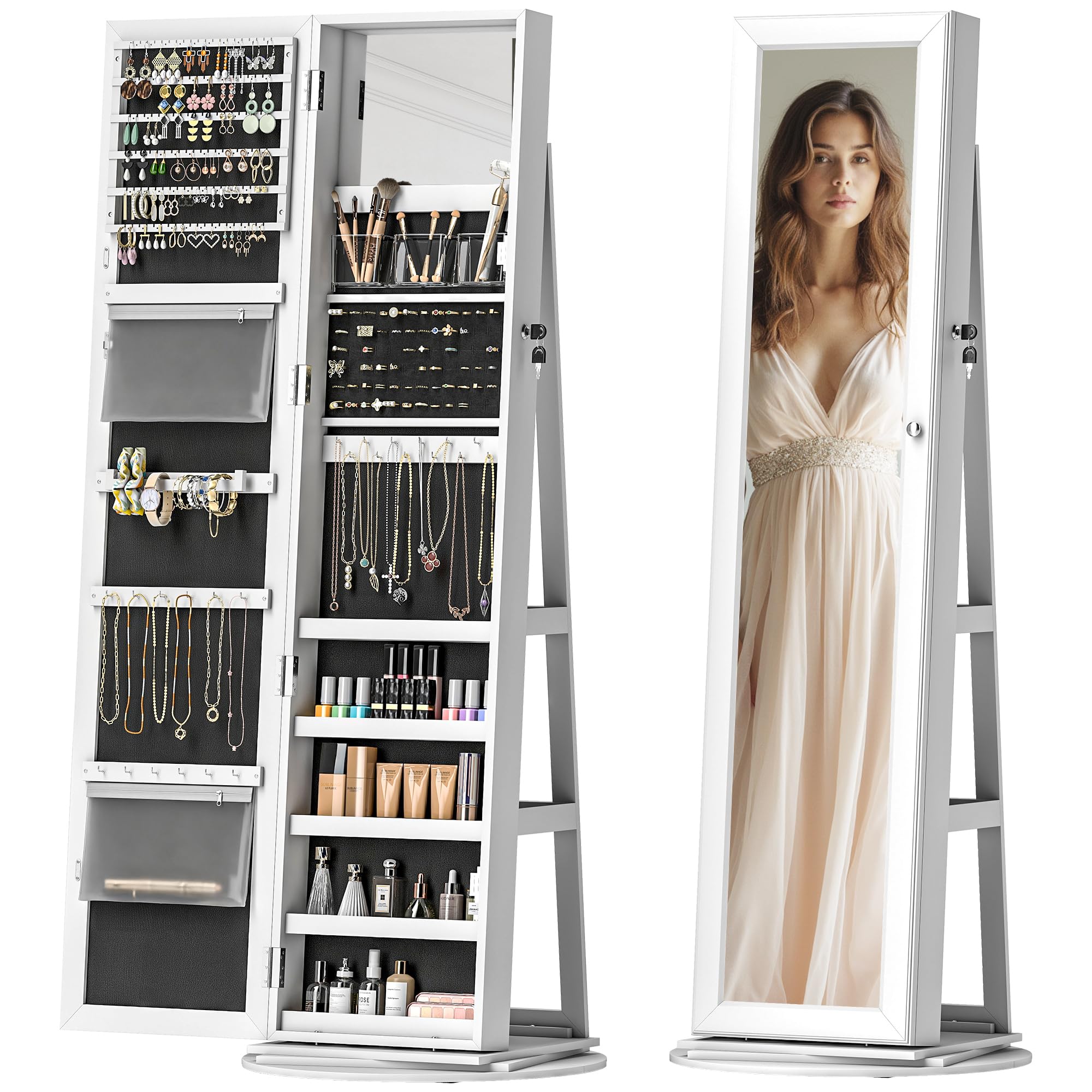 HOMCOM 360° Swivel Jewelry Cabinet, Lockable Jewelry Armoire Organizer with Full-Length Mirror, Back Storage Shelves, Interior Small Mirror, for Bedroom Living Room, White