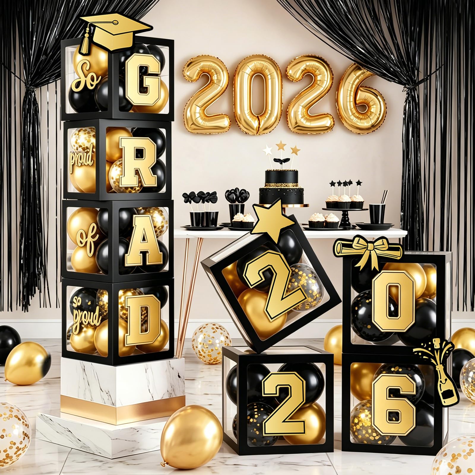 Photo 1 of 2026 Graduation Balloon Boxes Decorations – Clear Balloon Box Stack with “GRAD” Letters for Graduation Party Table and Floor Display