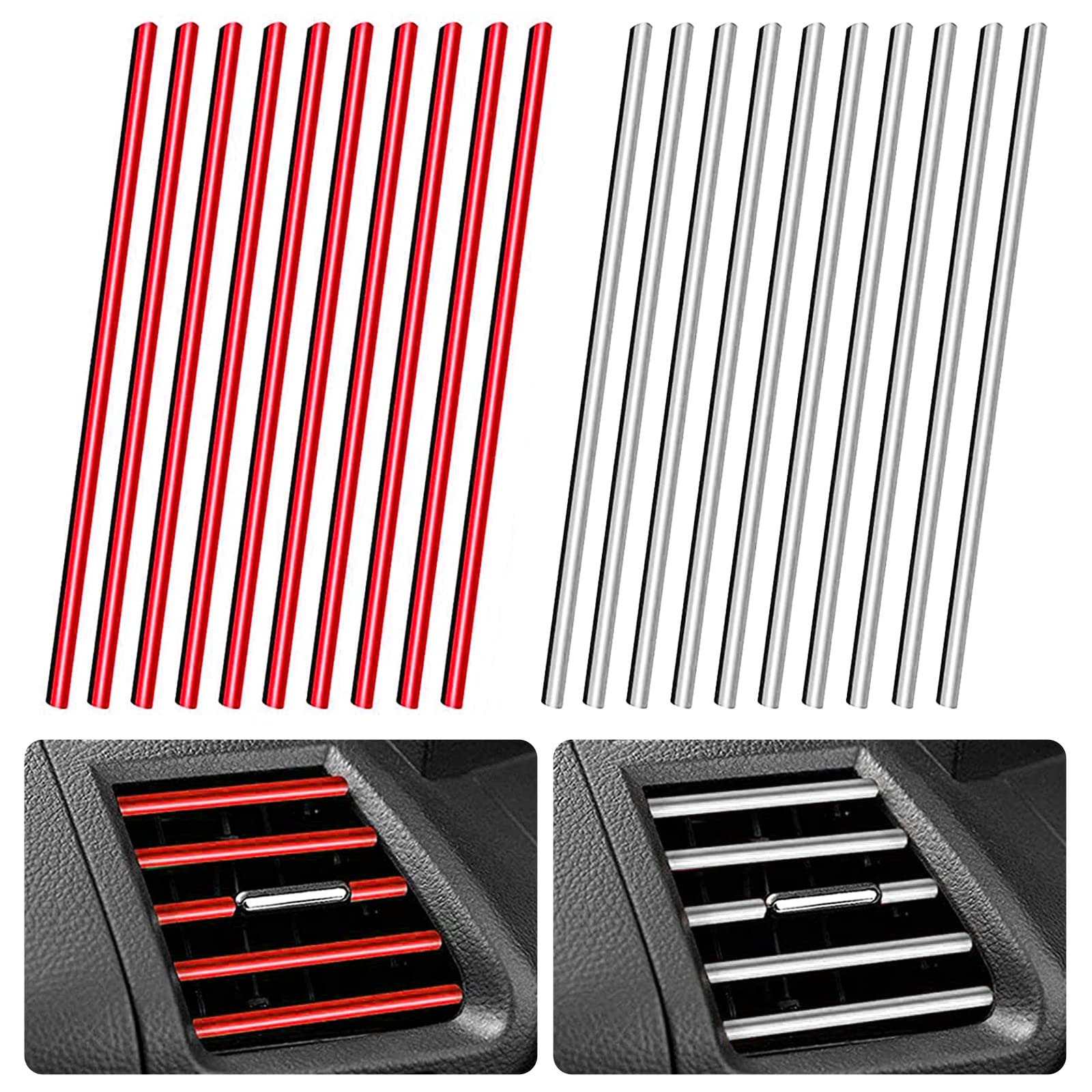 20pcs Car Vent Trims, Car Decorative Strips Automotive Interior Moulding Trim Interior Decorations 20cm Flexible Insert Strips for Auto Vent Styling (red,silver)