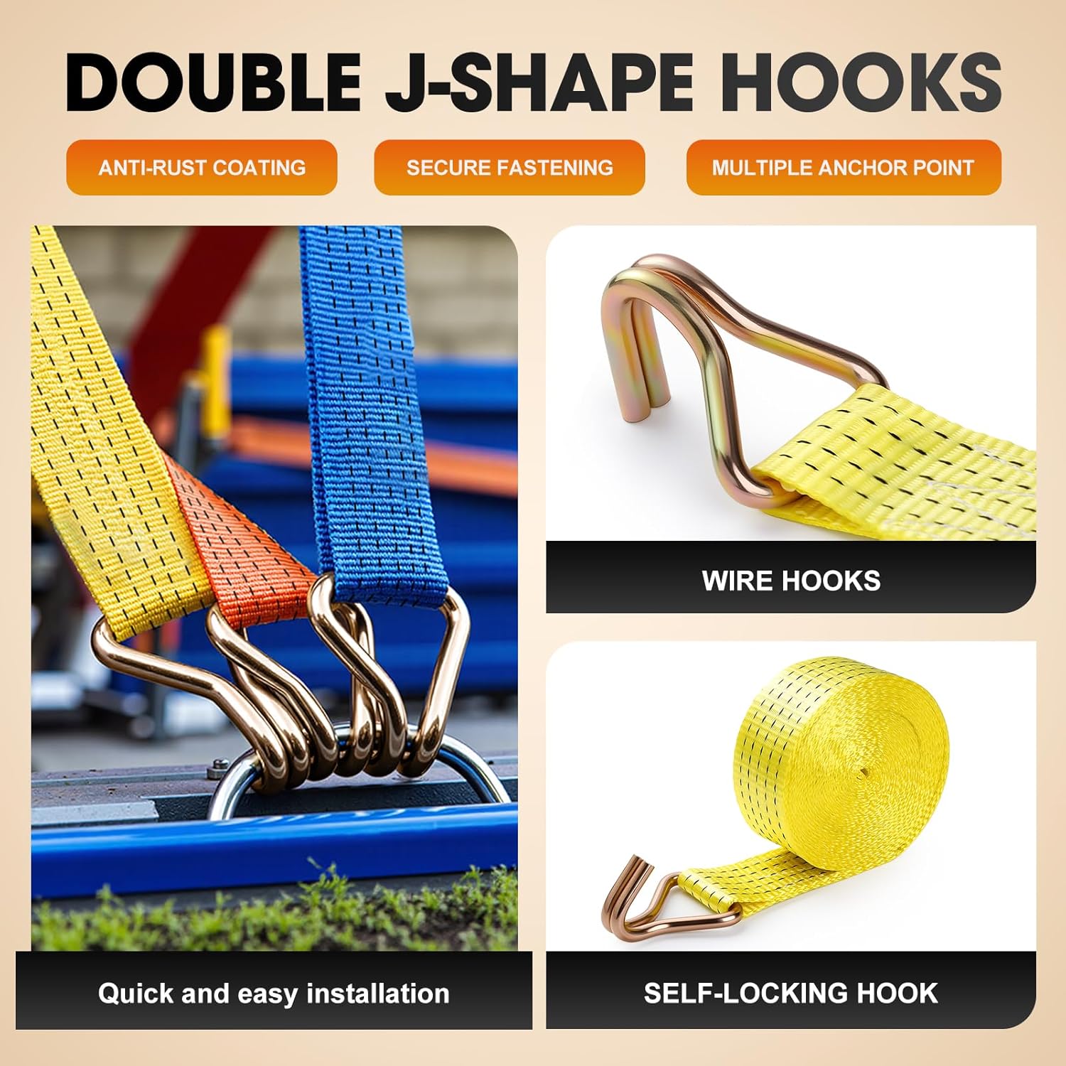 4Pack Ratchet Straps Heavy Duty-2 Inch x 20 Feet(7,500lb Break Strength), Tie-Down Ratcheting with J-Hook Cargo Straps Tiedown Ratchet for Moving and Transports with Trailers, Pickup, Flatbed Trucks - Image 5