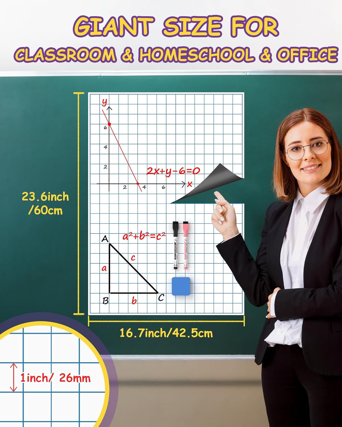 Giant Magnetic Graph Paper, Dry Erase Chart Paper for Teachers, Large Grid Paper Graphing for Classroom Must Have, Whiteboard Accessories Homeschool Teaching Essential, 23.6''×16.7''