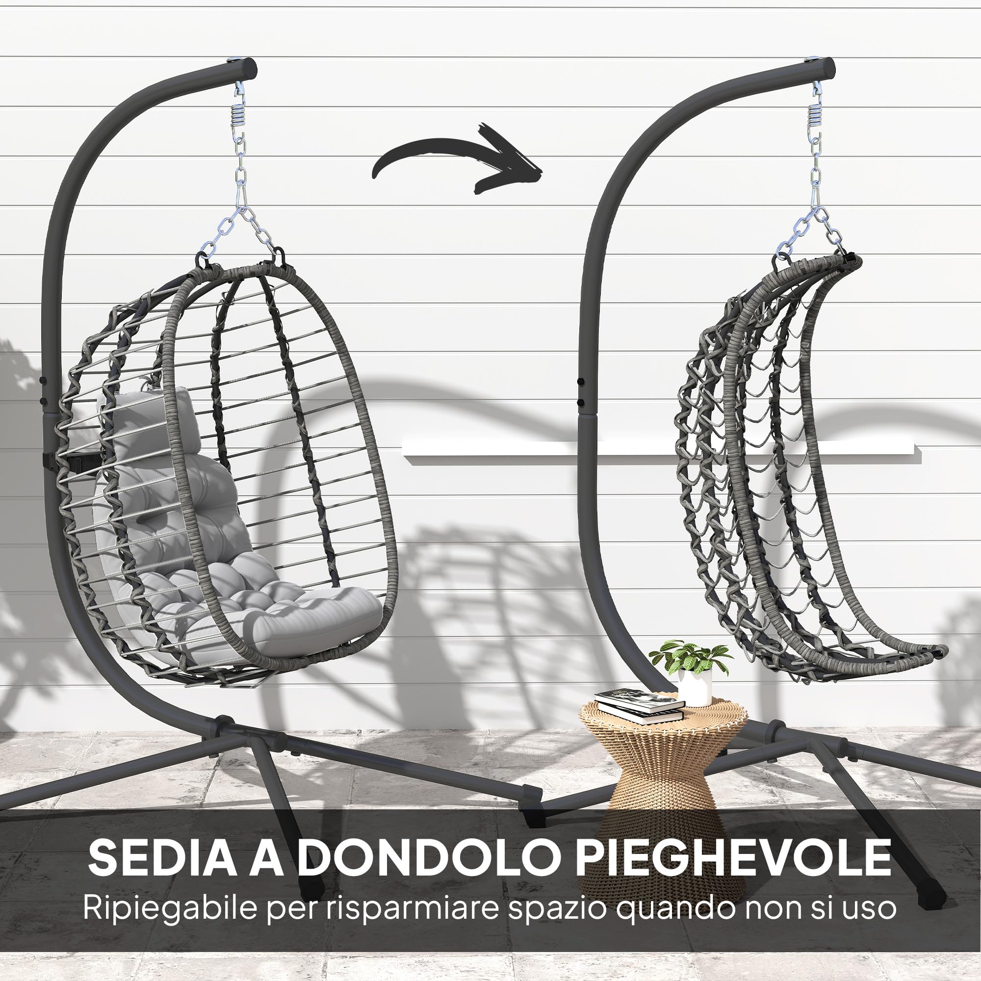 Outsunny Poltrona Sospesa a Uovo in Rattan, da Giardino Grigio Chiaro | con Gancio, Cuscini Imbottito e Poggiatesta, Sedia a Dondolo Pieghevole, Base a X in Acciaio, per Interni ed Esterni