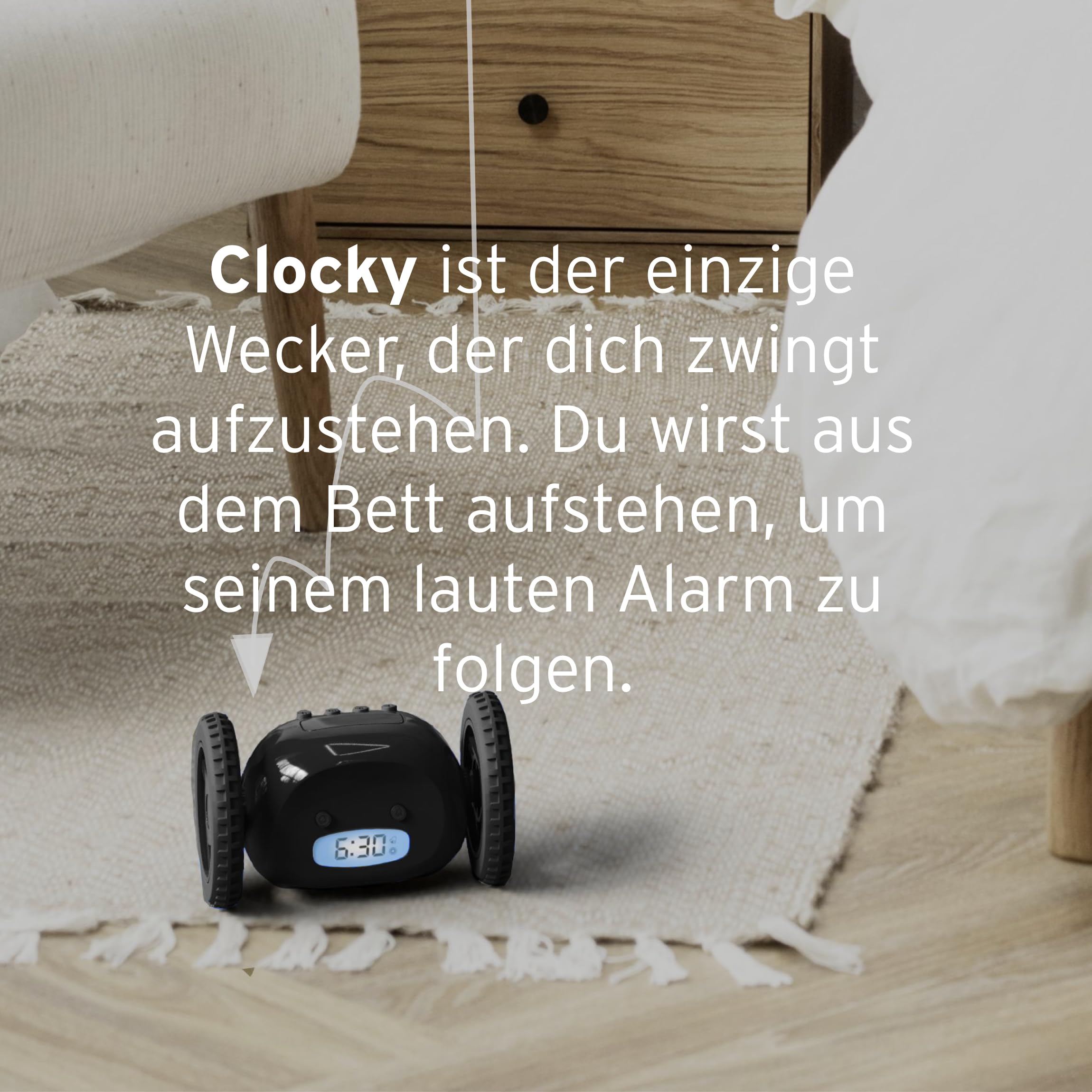 CLOCKY Lauter Digital Wecker Laut für tiefschläfer Erwachsene Jugendliche Lustig für schwerhörige schwere Schläfer auf Rädern Weglaufen Fahrender Springen Wegrollen Lustiges Geschenk (Schwarze Räder)