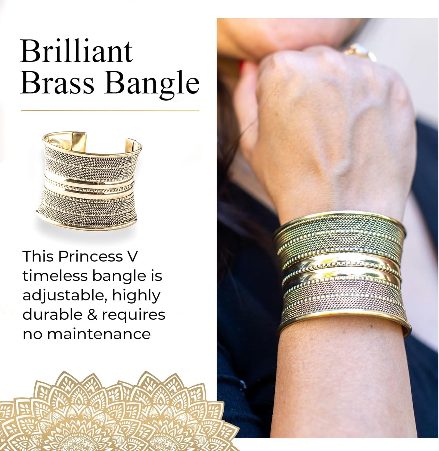 Brass Polished Gold Color Cuff, Indian Hand Made Bangle, Arm Cuff Easy To Wear, Wide Gold Color Brass Based Beautiful Design Bracelet - Image 3