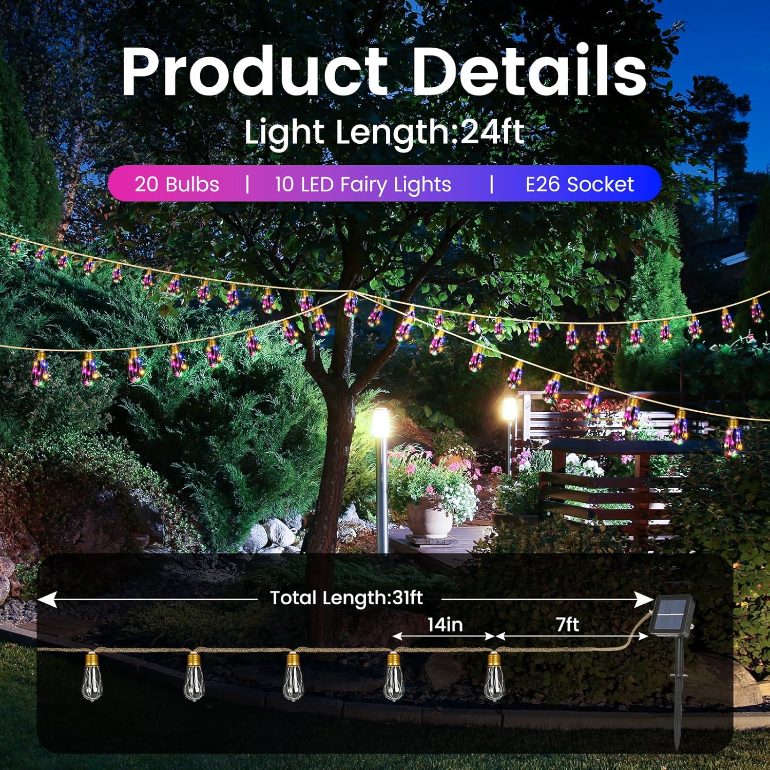 Solar String Lights Outdoor, 24FT Solar Patio String Lights for Outside, Outdoor Solar Lights with 20 Shatterproof Bulbs, Waterproof 8 Light Modes for Garden Fence Balcony Camping Decor - Multicolor