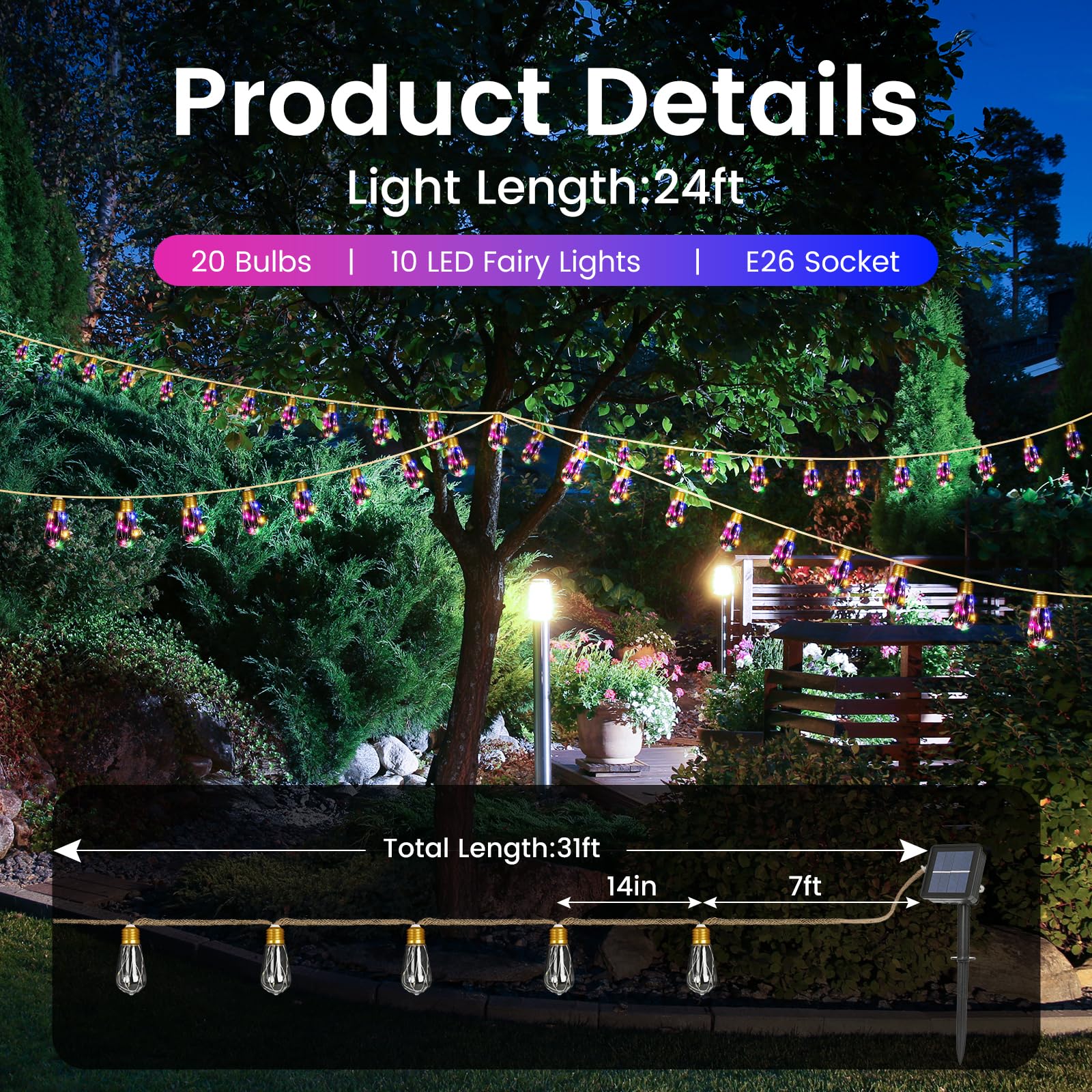 Solar-Lichterkette für den Außenbereich, 7,3 m, Hanfseil im Vintage-Stil, mit 20 bruchsicheren Glühbirnen, wasserdicht, 8 Modi, Solarleuchten für Terrasse, Garten, Zaun, Balkon, Camping