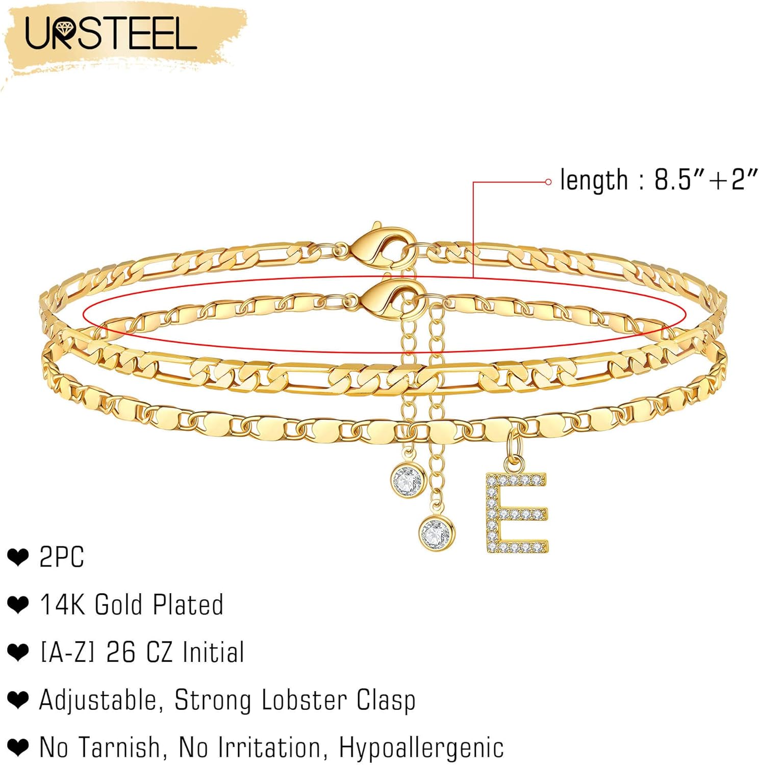 Ursteel Ankle Bracelets for Women, 14K-Gold-Plated Dainty Layered Chain CZ Initial Anklets Set Summer Jewelry Gifts for Women - Image 2