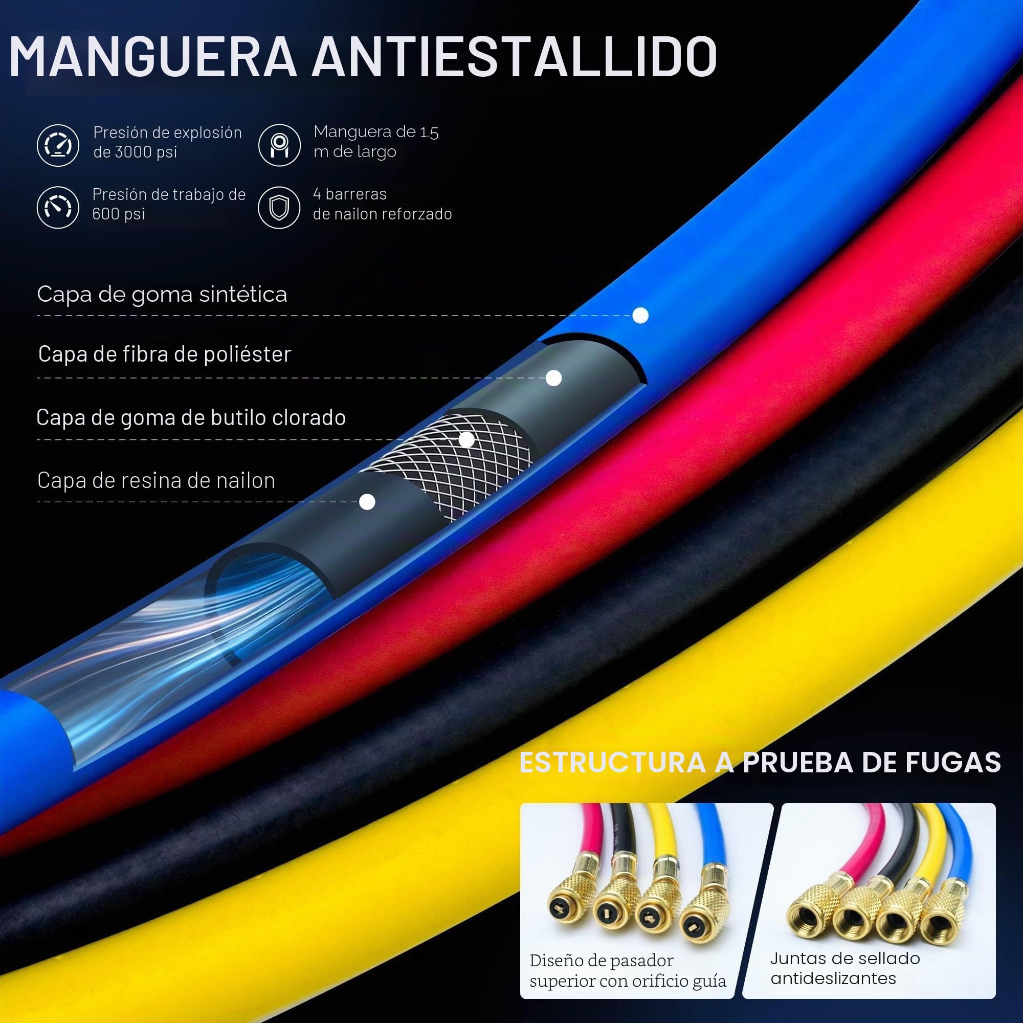 CALPOSE Juego de medidores de aire acondicionado R1234yf, juego de manómetros de aire acondicionado de 4 vías para refrigerante R1234yf R134a R404a, juego de manómetros de 4 válvulas con mangueras de