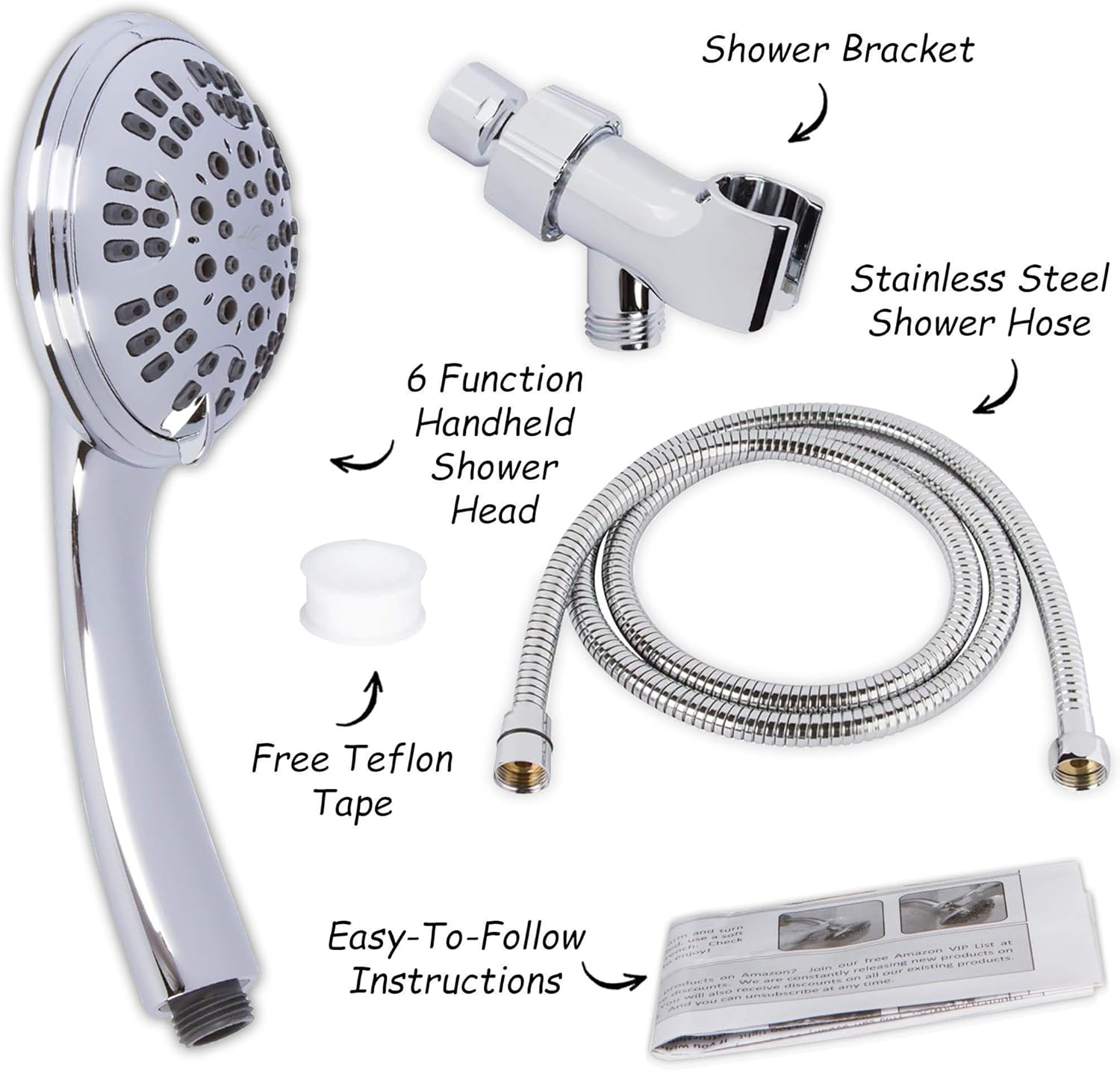 6 Function Handheld Shower Kit + Arm - Adjustable High Pressure Removable Hand Held Showerhead With Mount And Stainless Steel Hose + 6 Inch Shower Arm And Flange, 1.8 GPM - Chrome