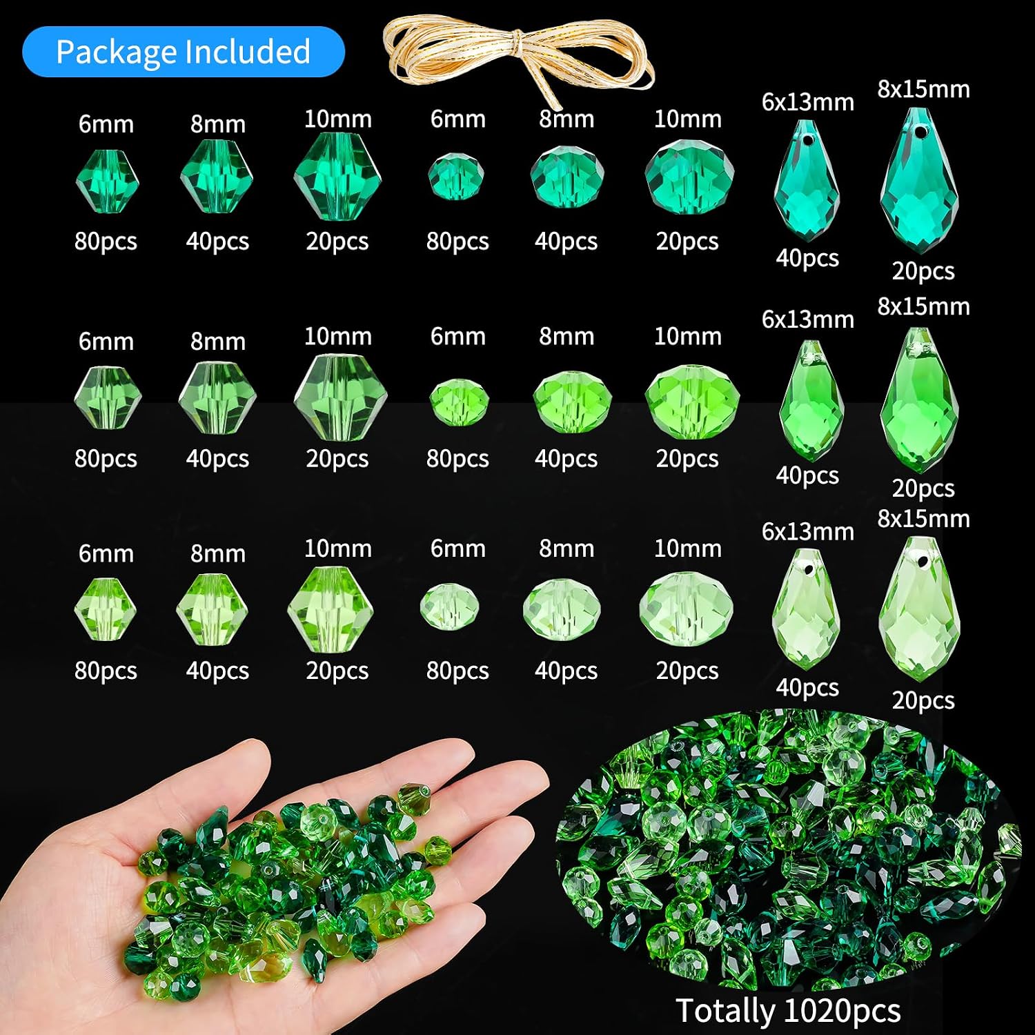 LONGWIN 1020pcs Green Glass Beads for Beaded Plants, Assorted Faceted Crystal Teardrop Rondelle Briolette Bicone Beads for Jewelry Making Suncatcher