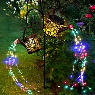 Merear Solar Watering Can Lights Outdoor: 8 Color-Changing Modes, IP65 Waterproof, One Pole Two Cascading Lights for Garden Patio Lawn Decor