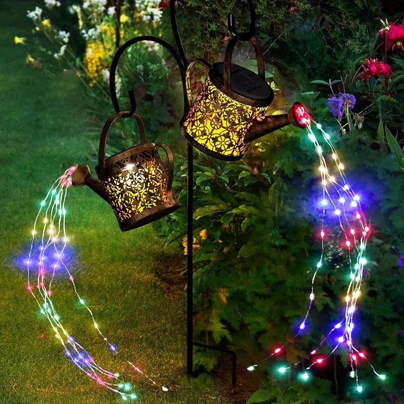 MEREAR Luces solares para regadera al aire libre con 8 modos de cambio multicolor, IP65 impermeable paisaje luz decoración de jardín, un poste dos luces decoraciones exteriores para césped, patio, Navidad