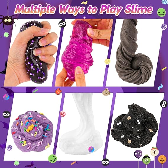6 Packs Black Purple Slime Kit - Cloud, Butter & Clear With Halloween Add-ins, Fluffy for Girls & Boys Party Bag Fillers, 360ml Making Kit