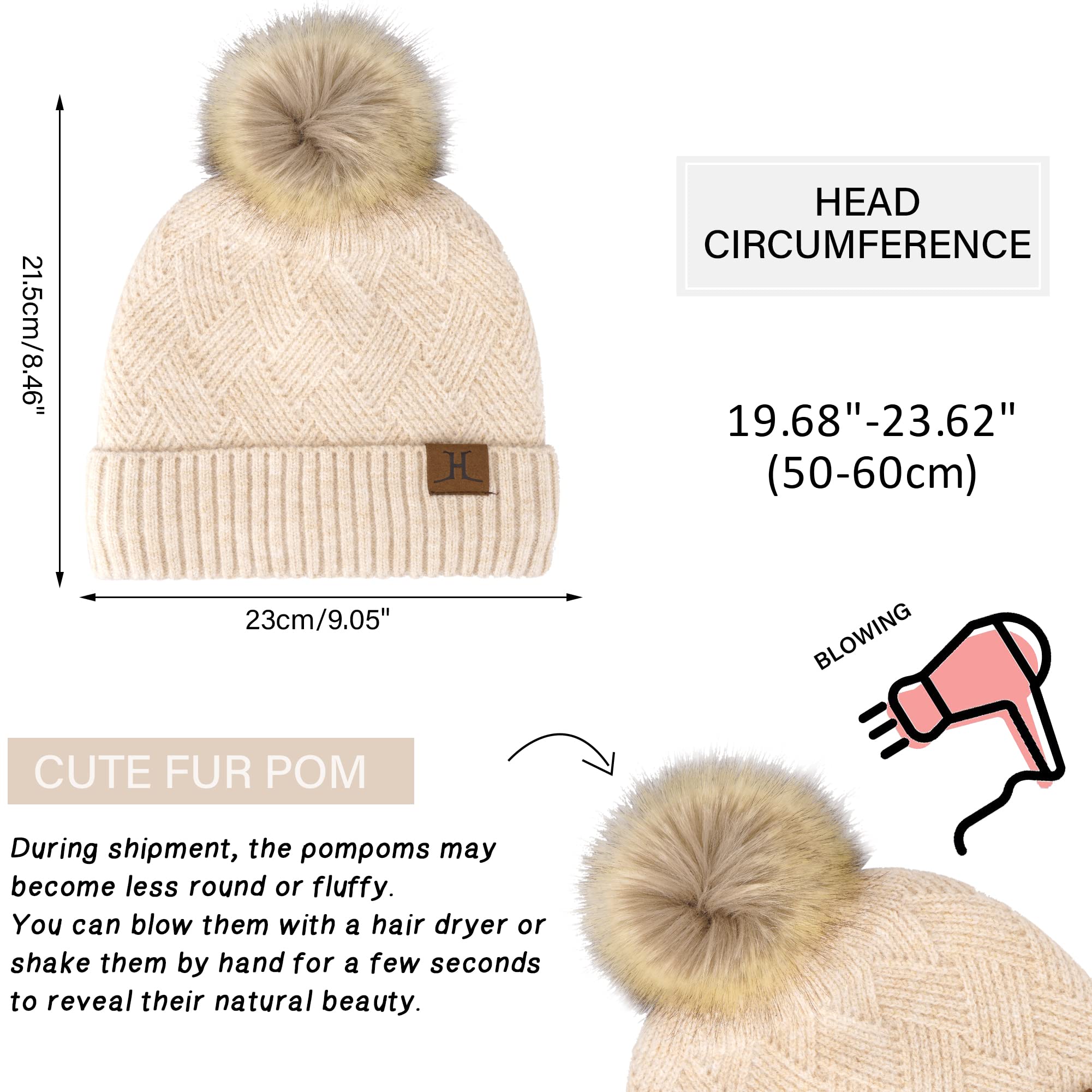 Femmes Hiver Chaud Bonnet Pompon Longue Echarpe Gants Tactiles Ensemble Tricot avec Doublure Polaire Thermique Cadeaux Noel Femme