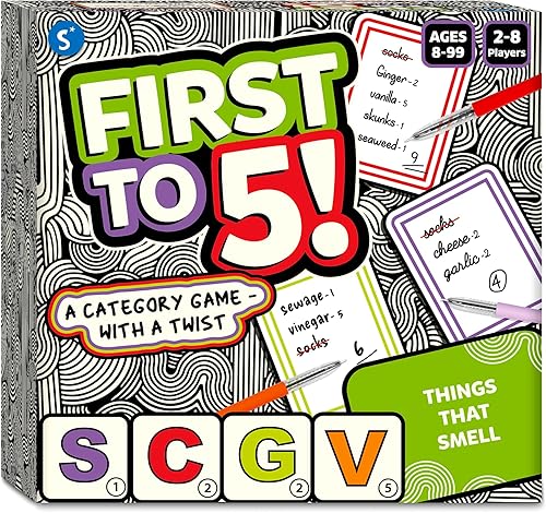 Skillmatics Juego de mesa y cartas juego de primera a 5, categoría con un giro, pensamiento rápido, perfecto para fiestas, Navidad, noches de juegos