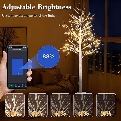 Miniatura 5 de Árbol de abedul iluminado inteligente de 6 pies con luces LED WW para decoración de Navidad, control de aplicación y botón, sincronización musical,