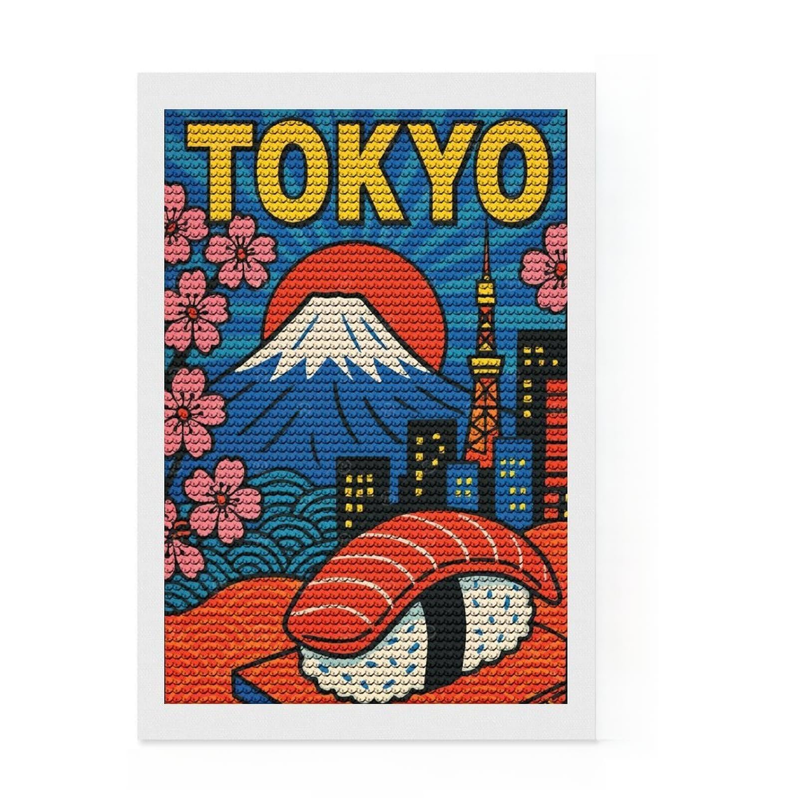 Junmoney Tokyo Travel Diamond Painting Canvas Set 8"x12", Creative Leisure Activity, Vintage Style Decor, for Beginners, Birthday Gift