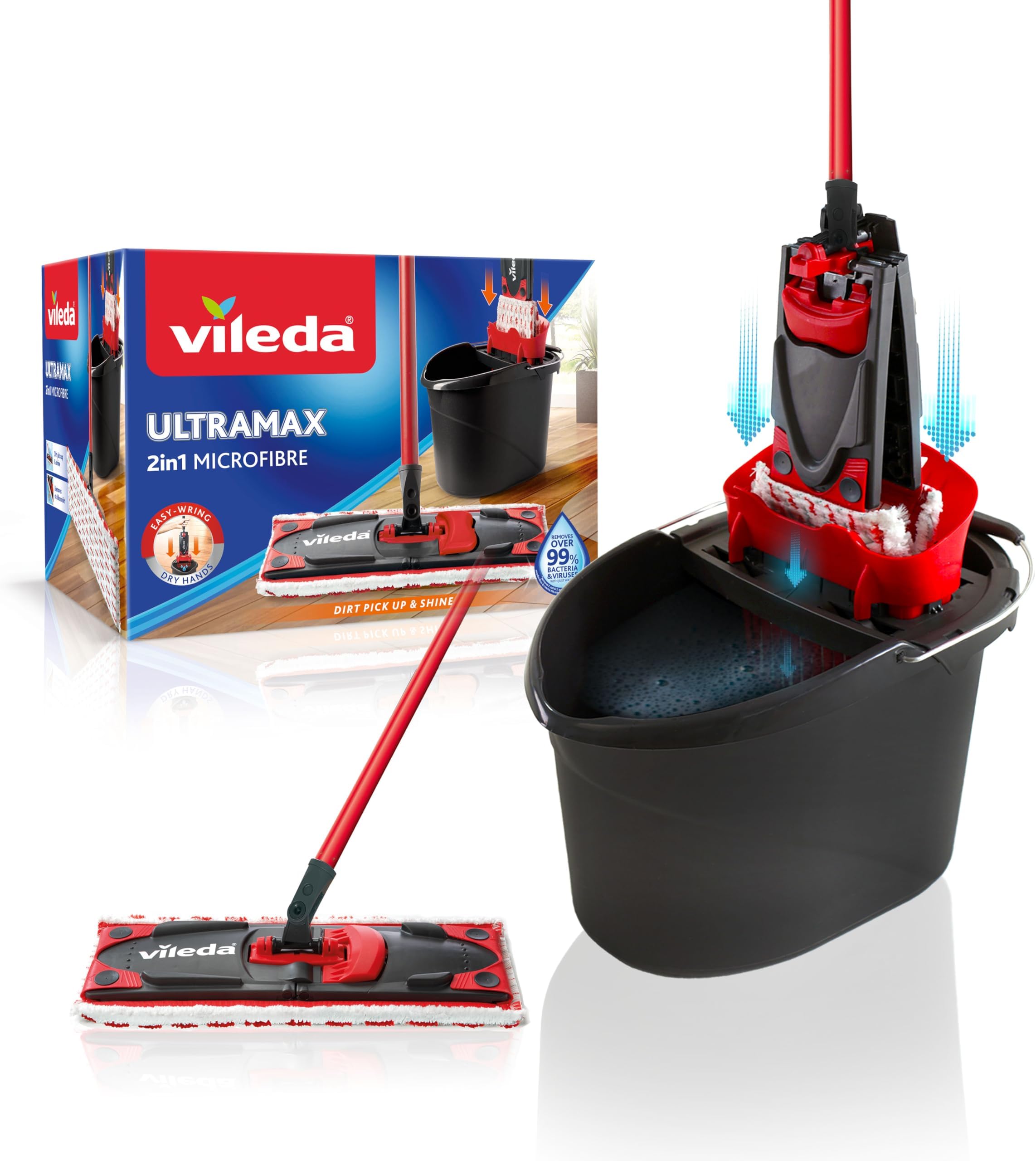 Vileda UltraMax Flat Mop and Bucket Set - Red, Hands-Free Wringing, Machine Washable Microfibre Flat Mop Head, 180° Swivel Head To Clean Hard to Reach Area’s, Suitable for All Hard Floor Types