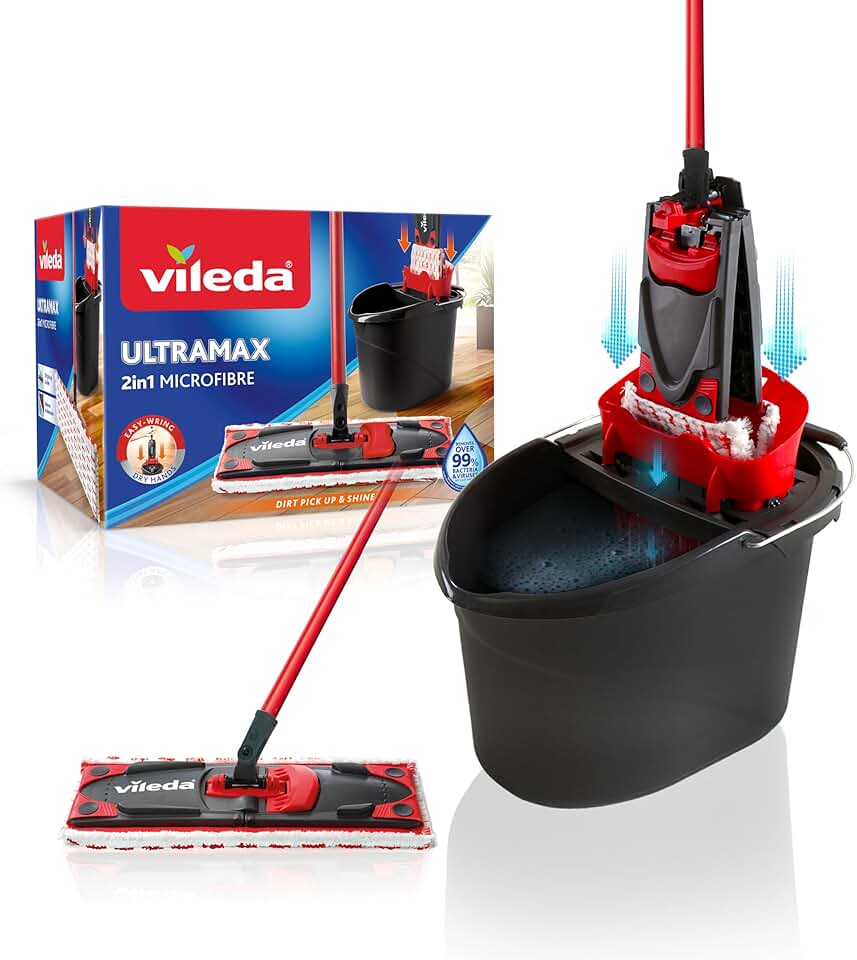 Vileda Ultramax 2in1 Bodenwischer Komplett Set, Wischmopp mit Stiel, Mikrofaserbezug und Eimer mit P