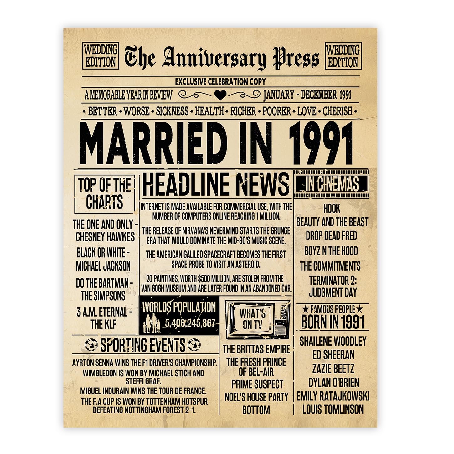 Stuff4 Men's 1991 35Th Anniversary Poster Unframed - Married In Newspaper - 35 Wedding Anniversary For Wo Retro Vintage Gifts Back In 8X10 Inch Anniversaries Posters