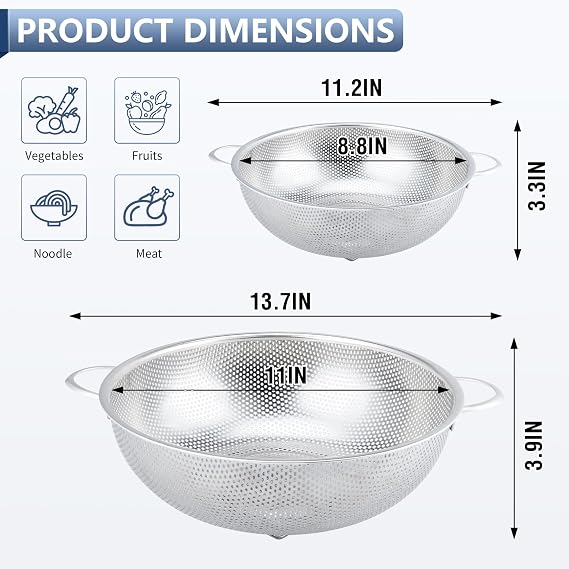 Gulex Colander Stainless Steel 3-Quart with Base, Strainer for Kitchen Food