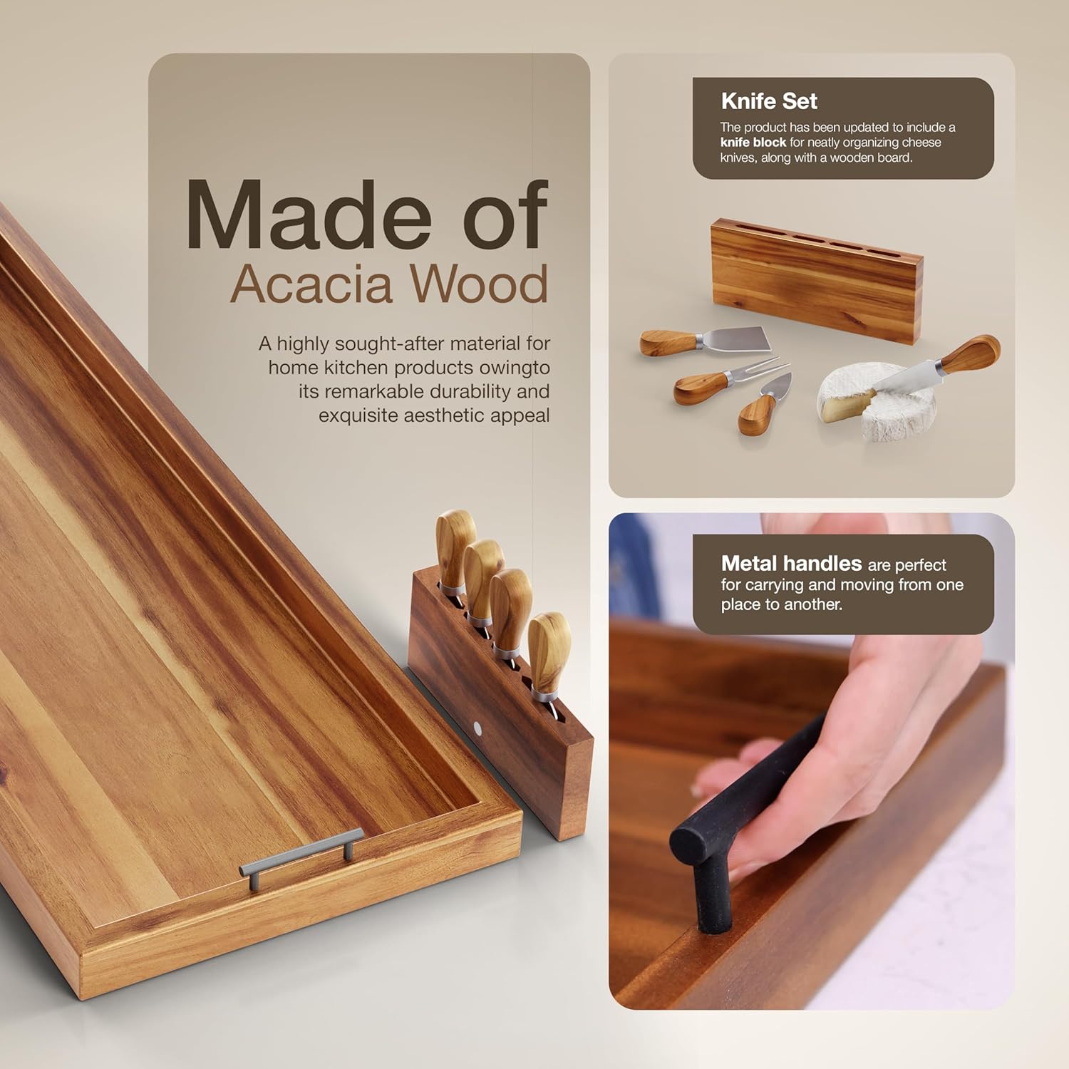 Acacia 36 Inch Large Charcuterie Boards for Party with Cheese Knife Set of 4 – Acacia Wood Serving Tray with Handles, Long Charcuterie Board, Wooden Cheese Board - Image 2