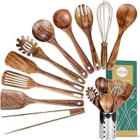 AIUHI 11-Piece Teak Wood Kitchen Utensils Set with Holder - Non-Stick Safe Spatulas, Spoons, Ladles for Cooking