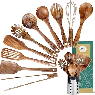 AIUHI 11-Piece Teak Wood Kitchen Utensils Set with Holder - Nonstick Safe Spatula, Ladle, Spoons for Cooking
