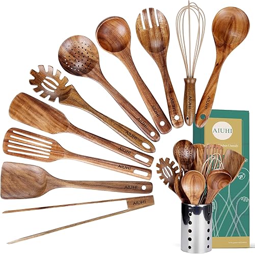Juego de utensilios de cocina con soporte, utensilios de cocina de madera para cocinar, cucharas de madera de teca natural para cocinar, juego de