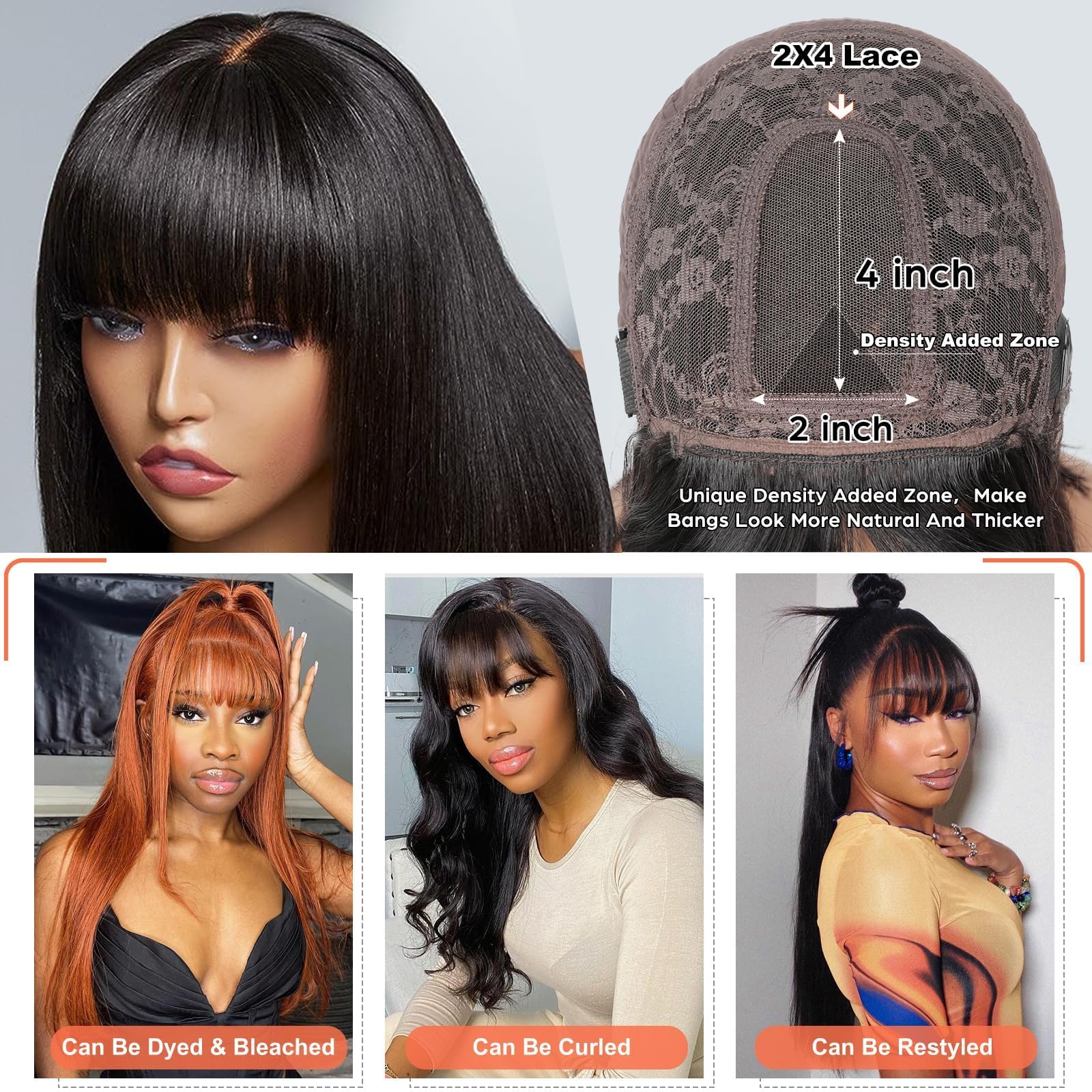 Parrucca Donna Capelli Veri Umani Straight Human Hair Wigs With Bangs, 2x4 Glueless Lace Front Wig Human Hair Nera Parrucca Donna Diritta Con Frangia 16 Pollici