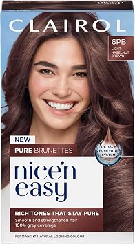 Clairol Nice n  Easy Pure Brunettes Hair Colour | Pure and Rich Brown Tones | Smooth, Natural Hair Colour | With Pre-Colour Serum | 100% Grey Coverage | 6PB Light Hazelnut Brown| Permanent Hair Dye