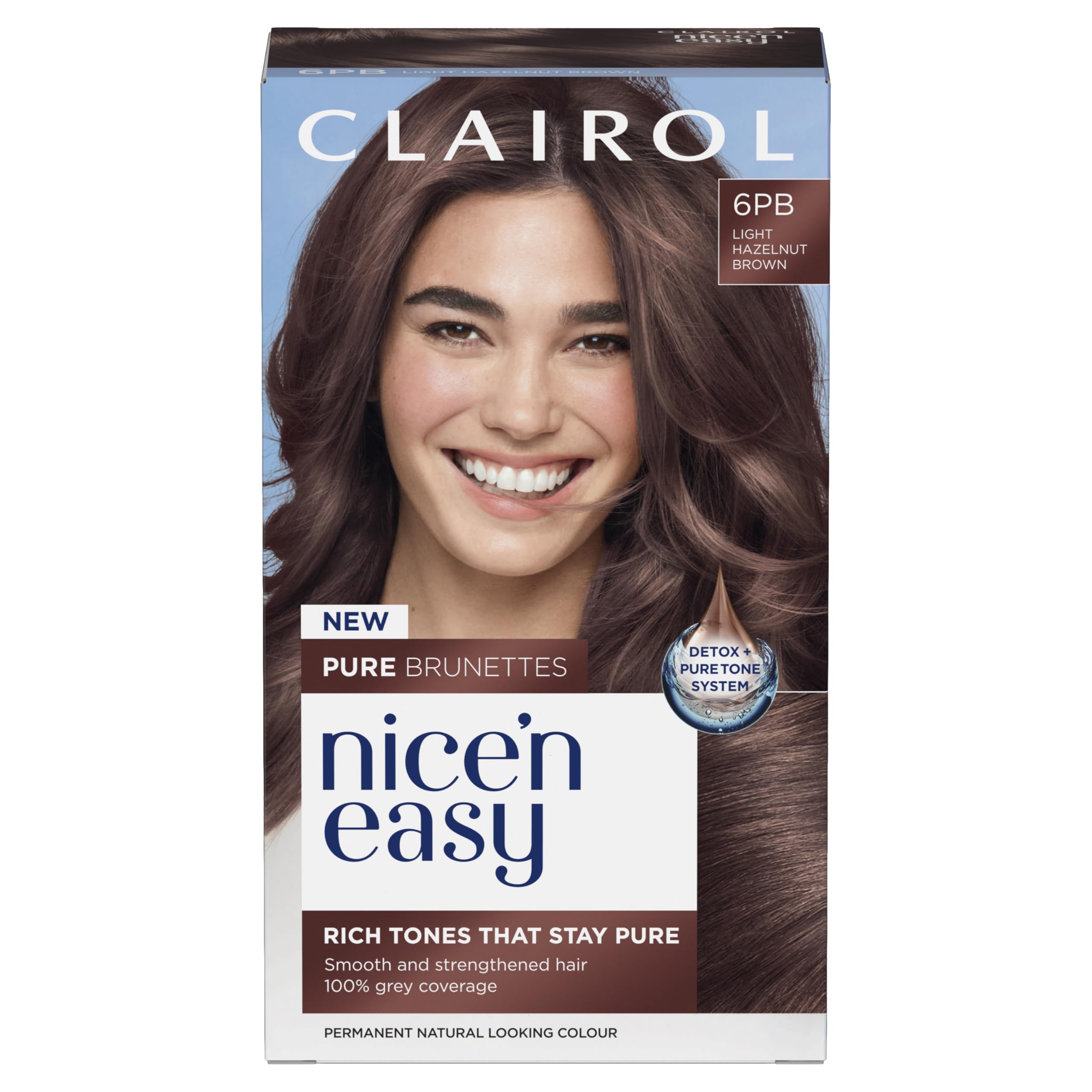 Clairol Nice n’ Easy Pure Brunettes Hair Colour | Pure and Rich Brown Tones | Smooth, Natural Hair Colour | With Pre-Colour Serum | 100% Grey Coverage | 6PB Light Hazelnut Brown| Permanent Hair Dye