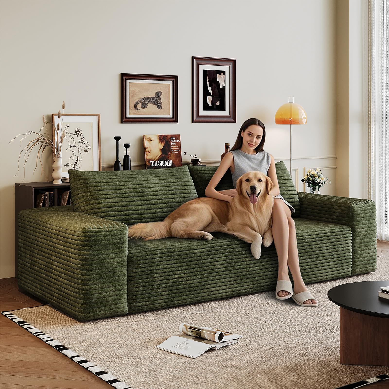Oversized Modern Boneless Cloud Loveseat Sofa Fluffy Compressed Memory Foam Couch Comfy Corduroy Upholstered Sofa with 2 Pillows