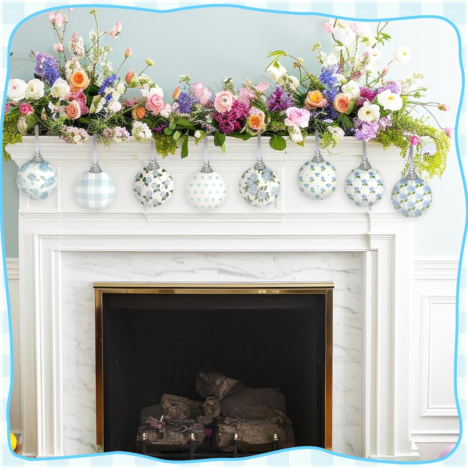 Zeyune 16 Pcs Spring Hydrangea Ball Ornaments for Tree 2 Inch Floral Spring Tree Decorations Blue Flower Glitter Hydrangea Ornaments for Holiday Party Hanging Decorations