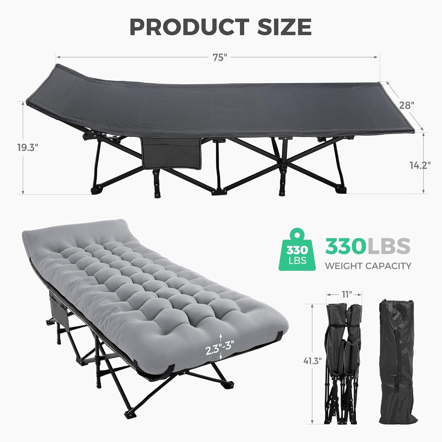 JEAREY Folding Camping Cot for Sleeping, Camping Cots for Adults with Mattress, 1200D Double Layer Oxford Portable Folding Cot Bed with Carry Bag for for Guest, Travel, Hiking, Light Gray