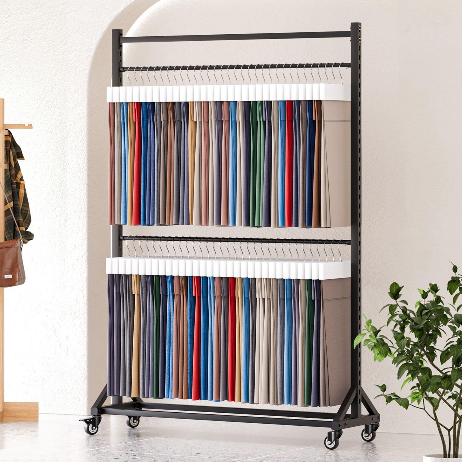 Generico Espositore Mobile per Tessuti, Organizer per Campioni di Tende Commerciali a 2 Livelli, portaoggetti per Rotoli di Tessuto e Sciarpe in Pelle, Ripiani in Metallo (174x45x205 cm) per Uso Dome