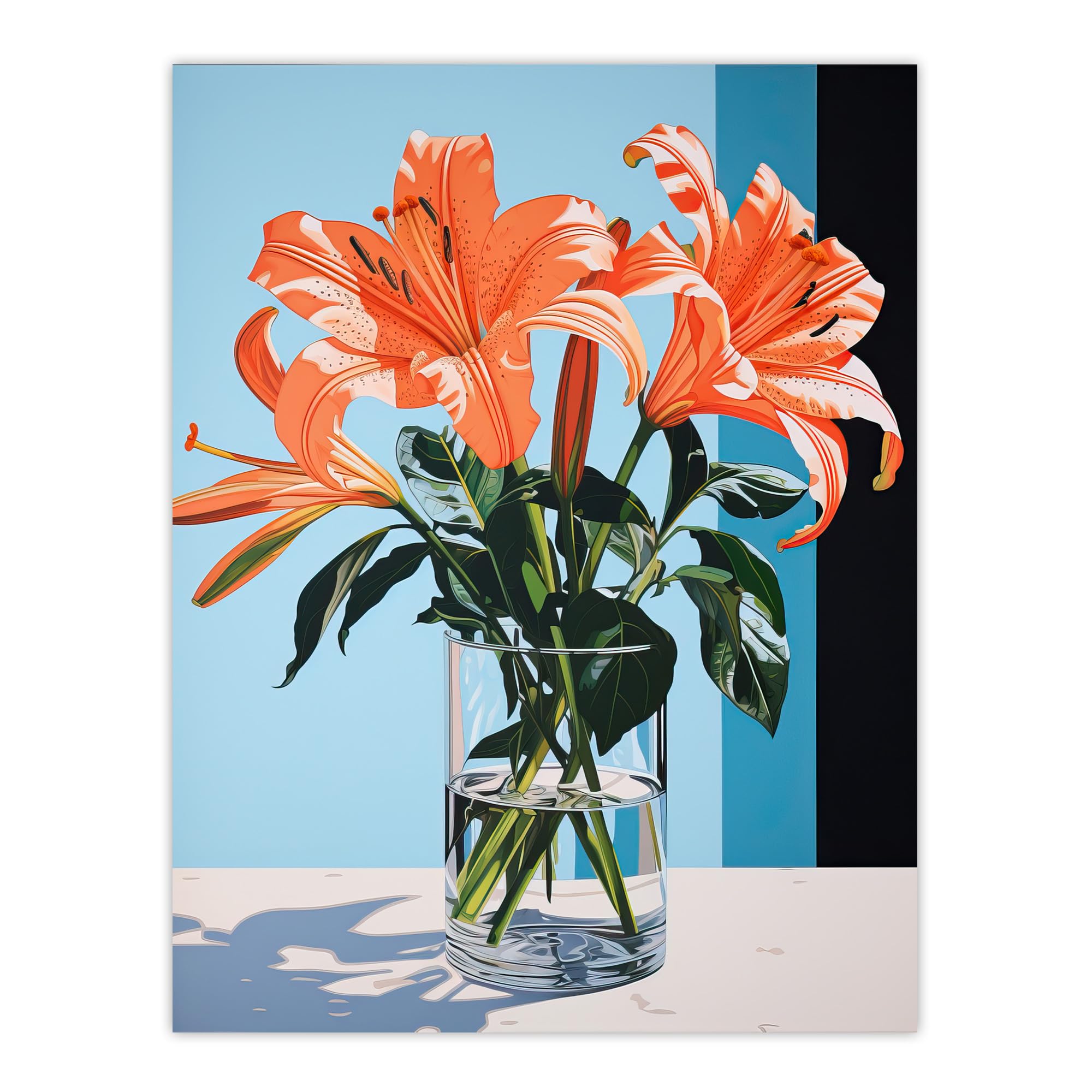 Wee Blue Coo Autumn Lilies Orange Glass Vase Stylised Floral Painting Blue Green Detailed Tiger Lily Large Wall Art Poster Print Thick Paper 18X24 Inch