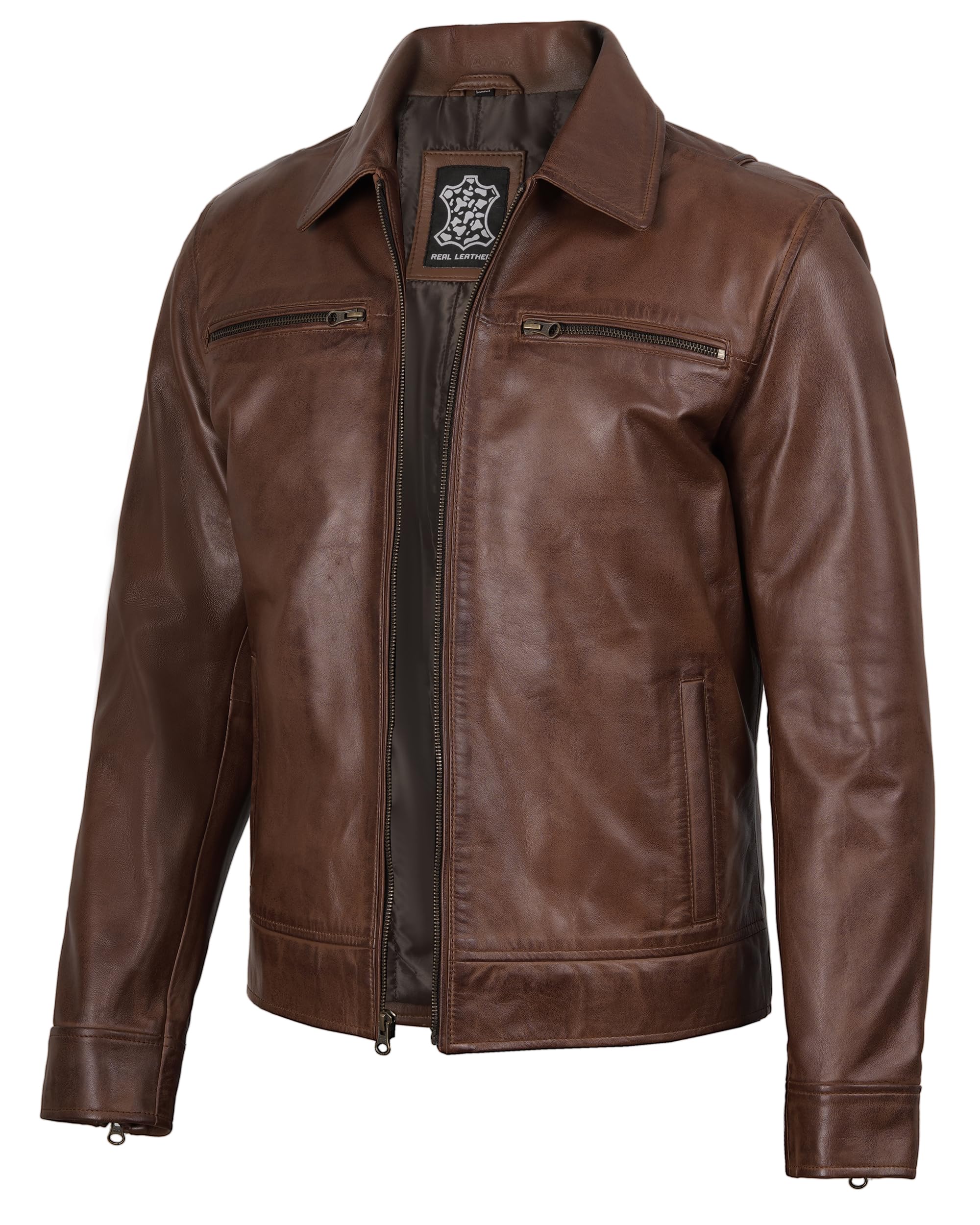 Blingsoul Classic Leather Jacket Men - Real Lambskin Leather Jacket for Men with Shirt Collar, Vintage Mens Leather Jackets