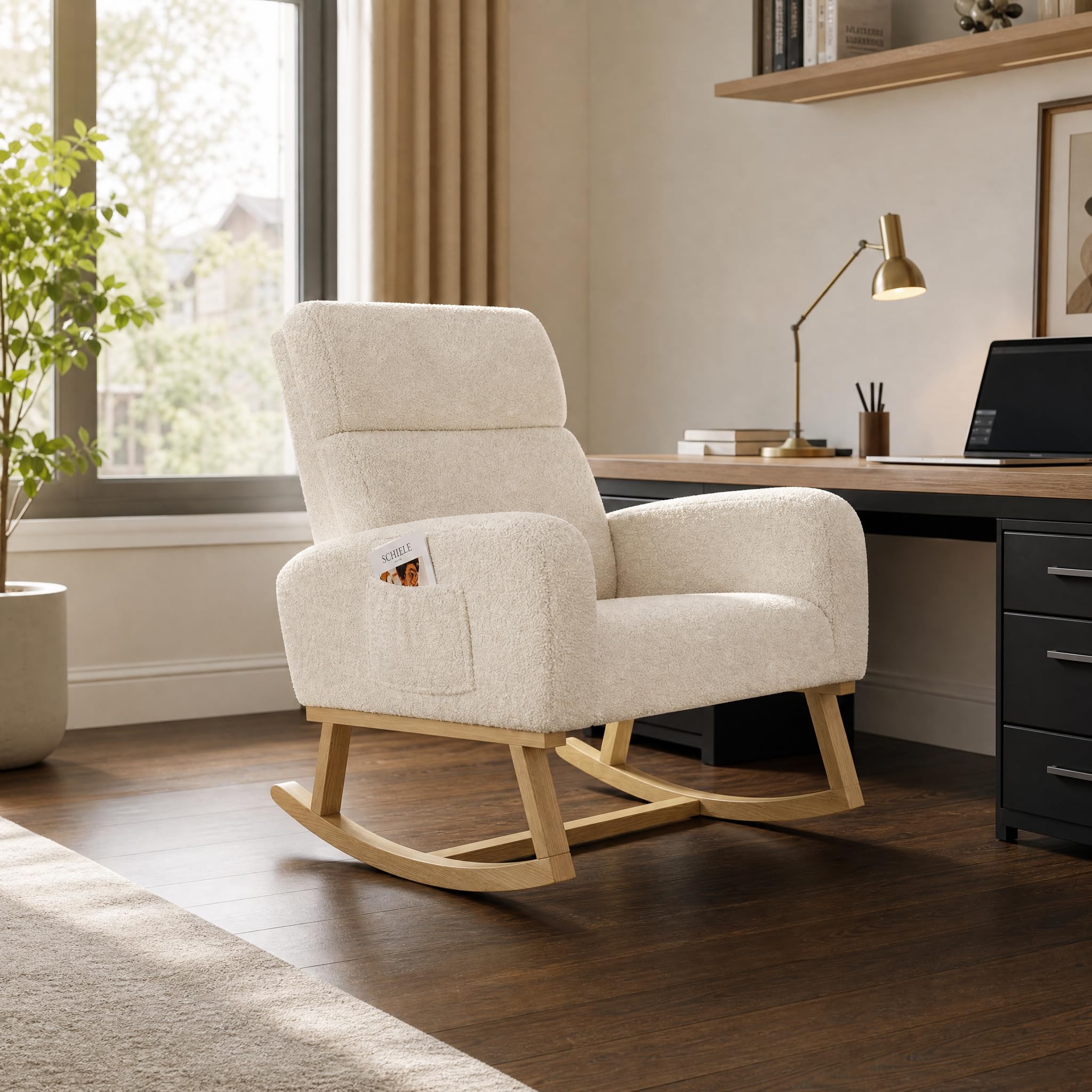 Mecedora, Mecedora con Bolsillos Laterales, Patas de Madera Maciza, sillón, Ideal para el salón y el Dormitorio (Beige)